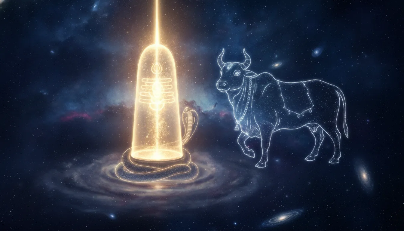 Abstract full HD digital artwork of a glowing cosmic Shivling and Nandi surrounded by galaxies and stars.