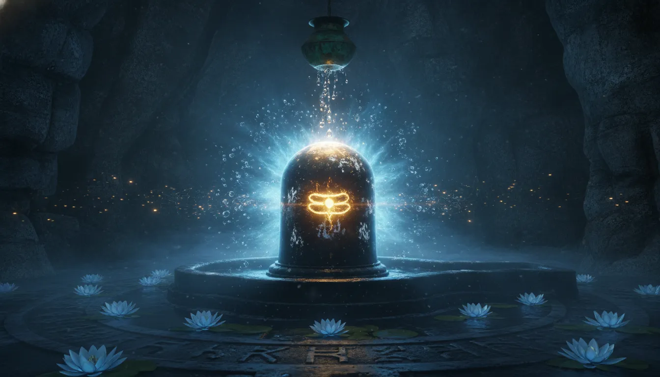 Glowing cosmic shivling image in hd inside a sacred cave