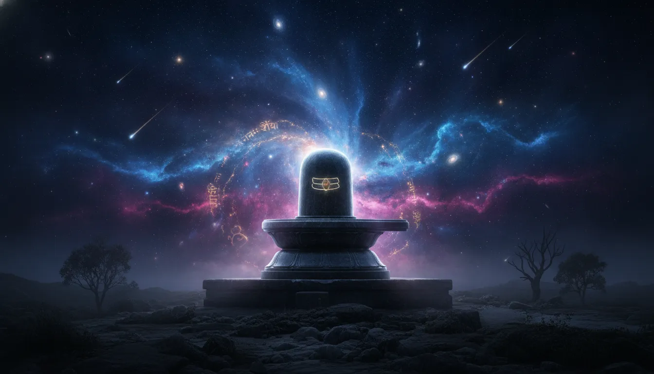 Abstract cosmic background featuring a glowing Shivling under a starry nebula sky with galaxies.