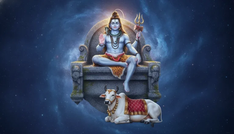 Lord Shiva sitting on a celestial stone throne amidst stars and nebulae with Nandi the bull.