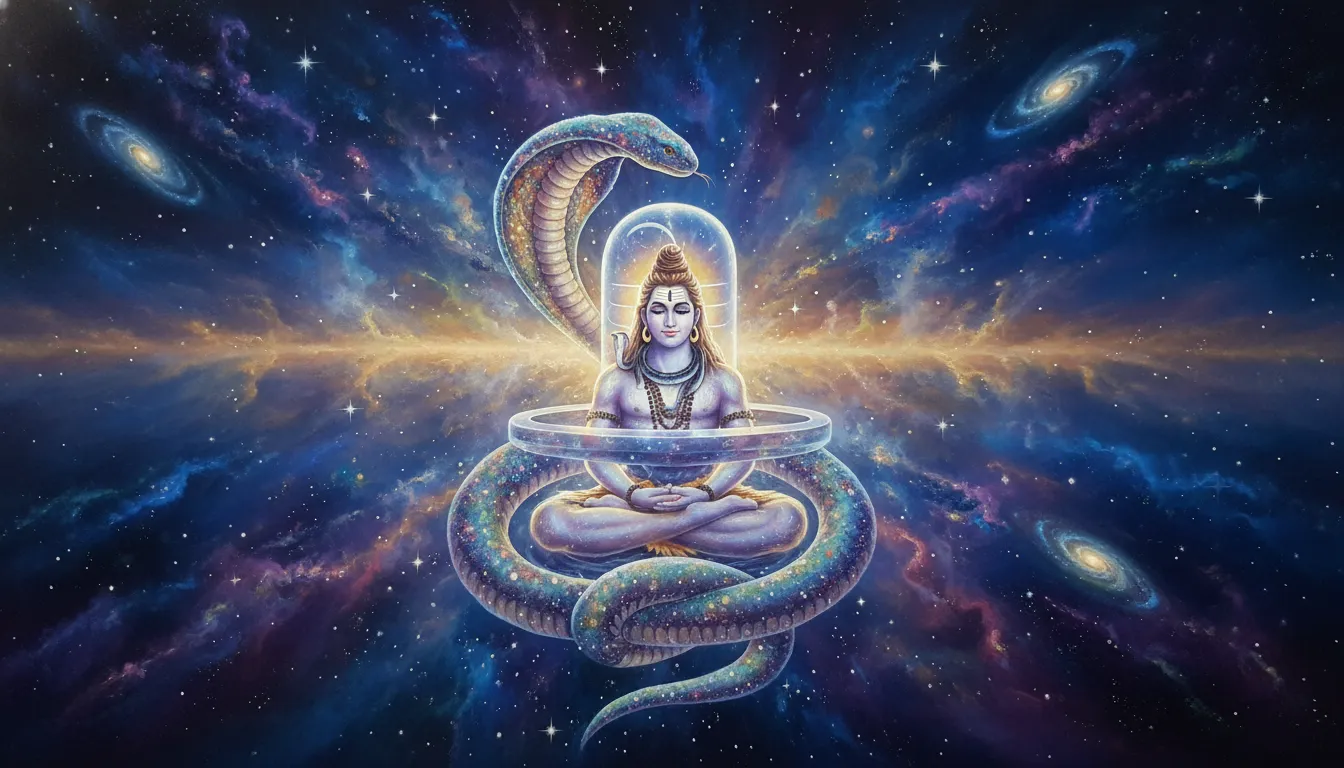 A vibrant cosmic artwork of Lord Shiva surrounded by stars and galaxies with a glowing Shiva Lingam and a snake.