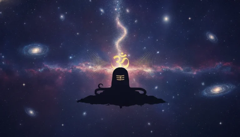 Shivling silhouette against a background of the nebula, cosmos, and starry night sky.