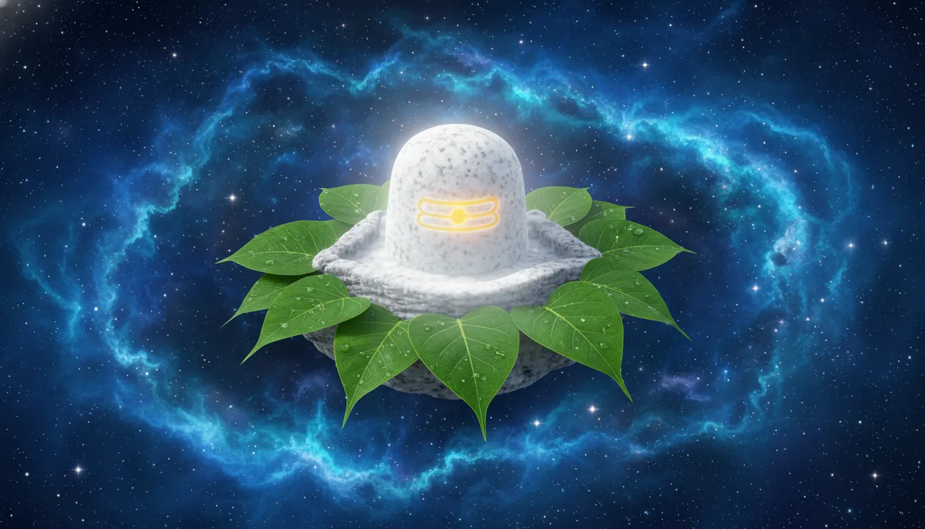 Lord Shiva Shivling with sacred Bili Patra leaves set against a celestial cosmic blue background with stars and nebula.