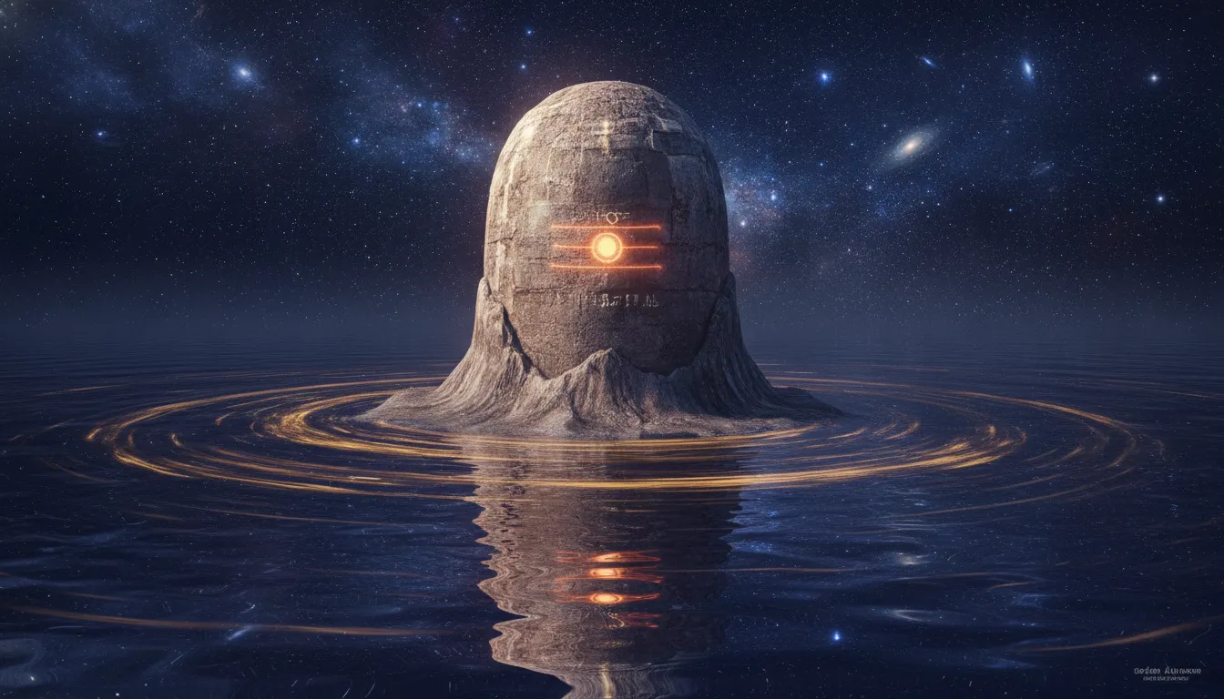 A majestic Lord Shivling forming out of glowing, cosmic water ripples under a starry sky.