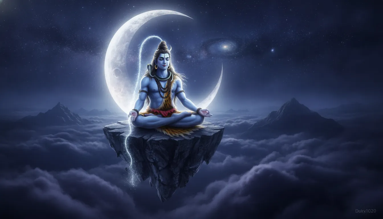 Lord Shiva meditating above dark clouds with a giant glowing crescent moon in the background.