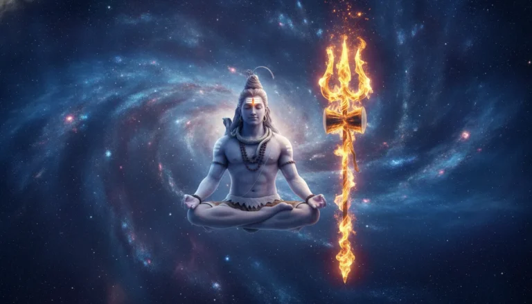 Mahadev meditating in the universe with a burning trident surrounded by galaxies and stars.
