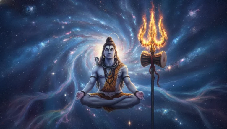 Mahadev meditating in the universe with a burning trident surrounded by galaxies and stars.