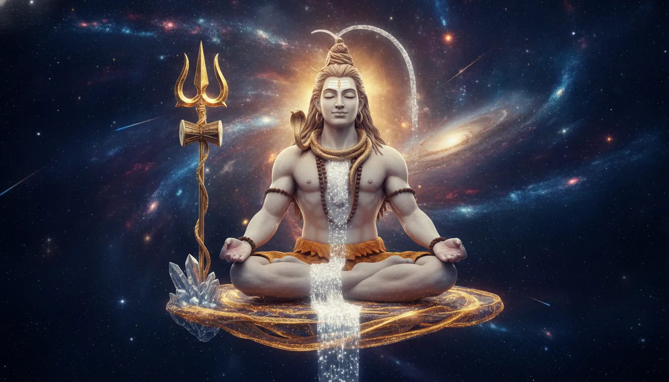 Har har mahadev 3d photo of Lord Shiva meditating in deep space with cosmic galaxies.