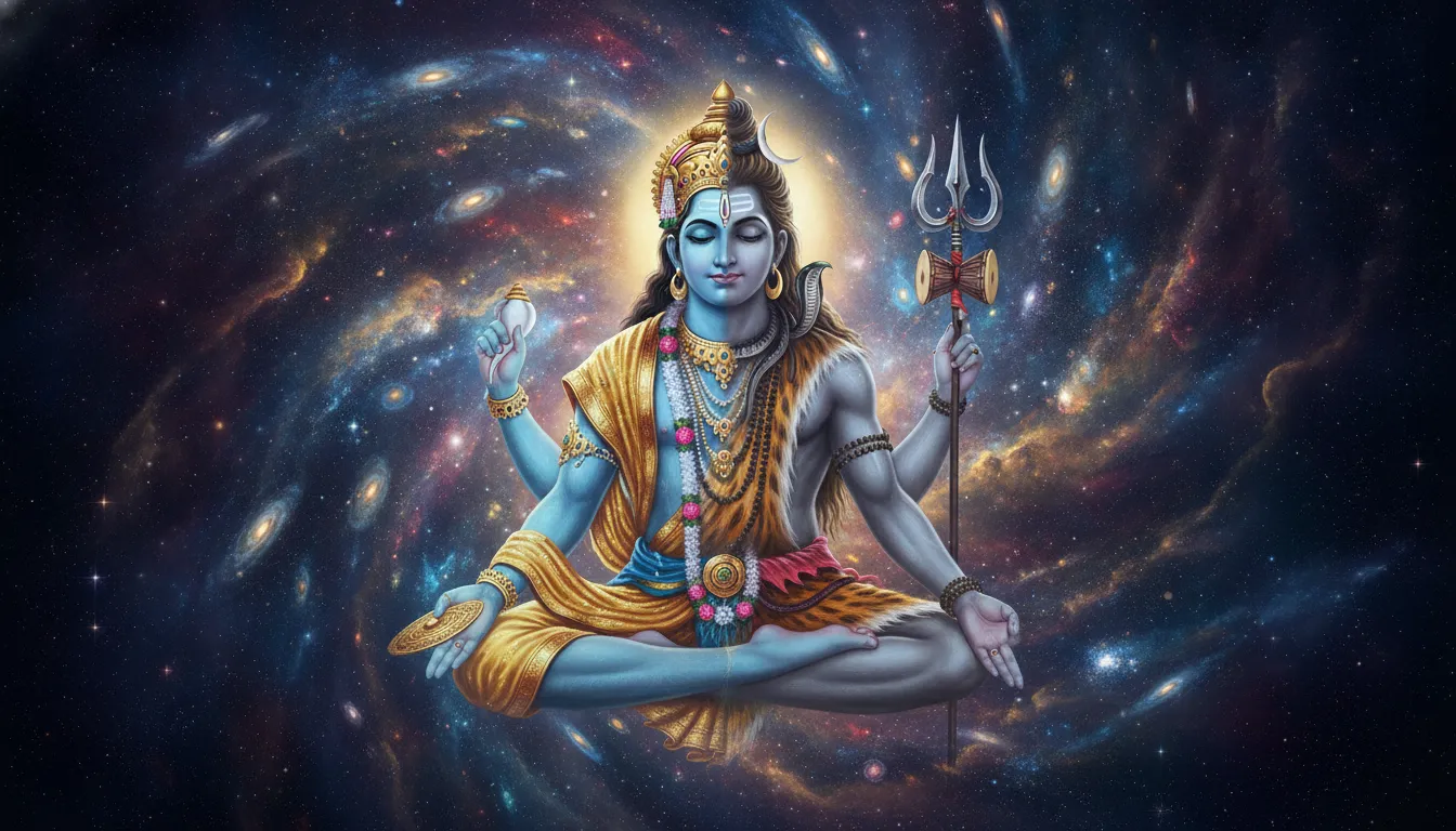 A detailed digital art of Harihara sitting in deep cosmic meditation with stars and galaxies in the background.