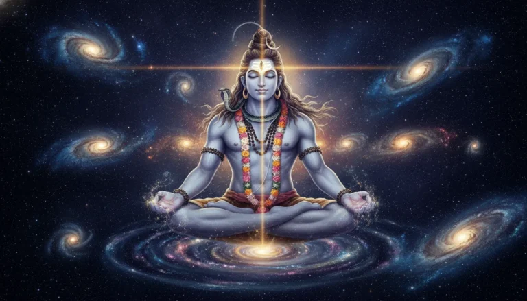 Lord Shiva meditating in space surrounded by stars, galaxies, and colorful nebulae.