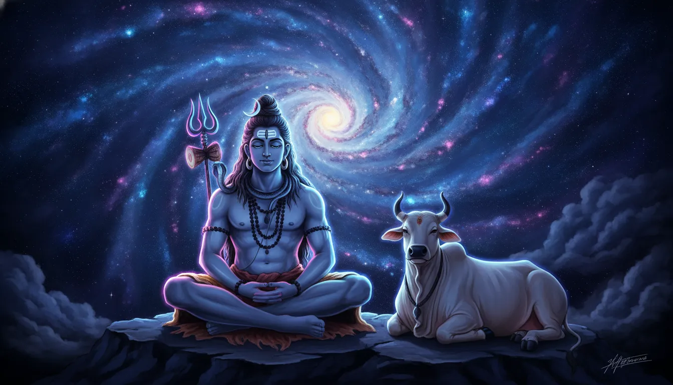 Lord Shiva meditating in a serene cosmic backdrop with Nandi sitting peacefully beside him amid swirling galaxies.