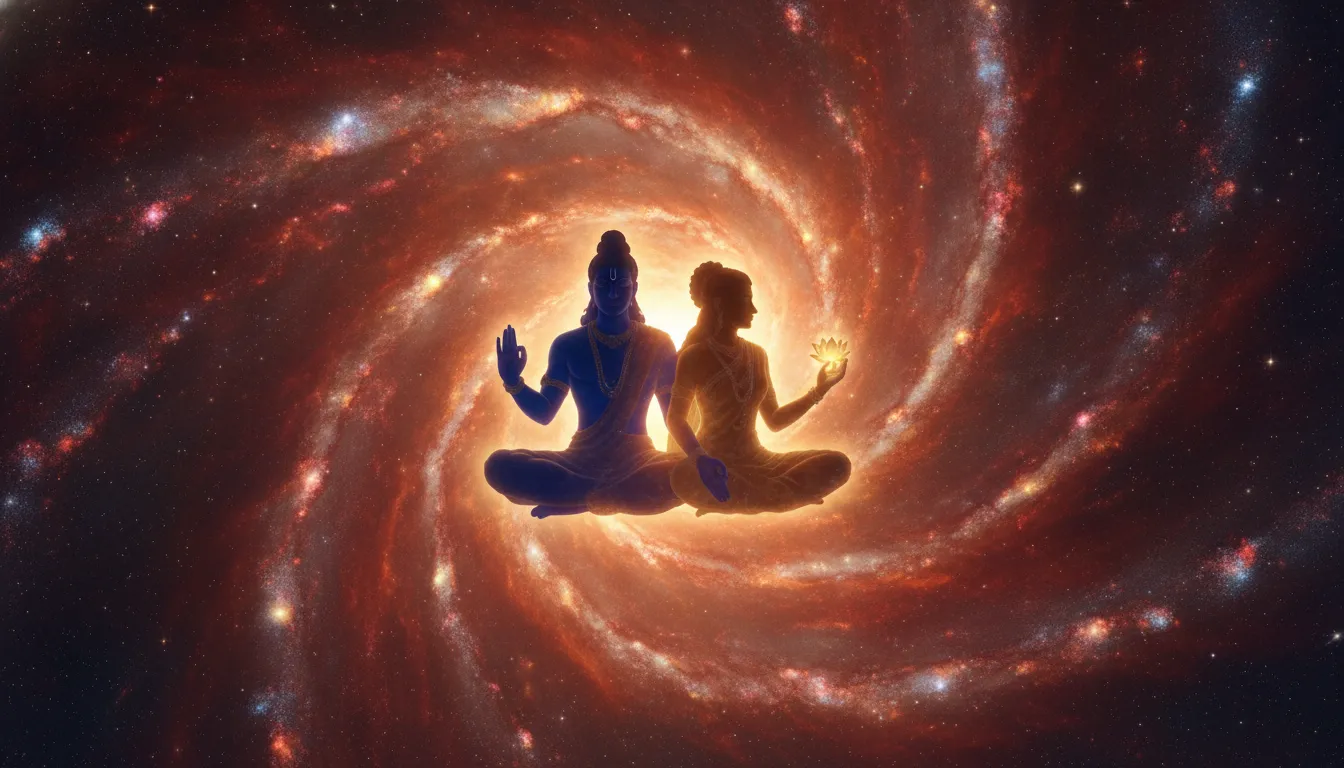 Blue-skinned god and elegant goddess meditating together in lotus position inside a radiant solar nebula