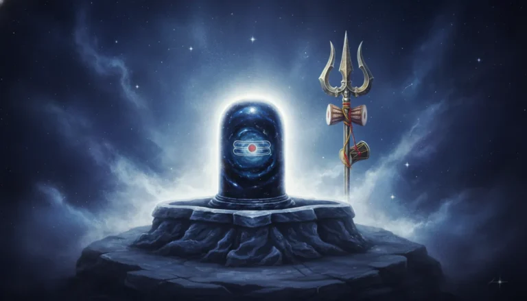 Nageshwar Shivling image with Lord Shiva's Trishul and Damru in a cosmic background.