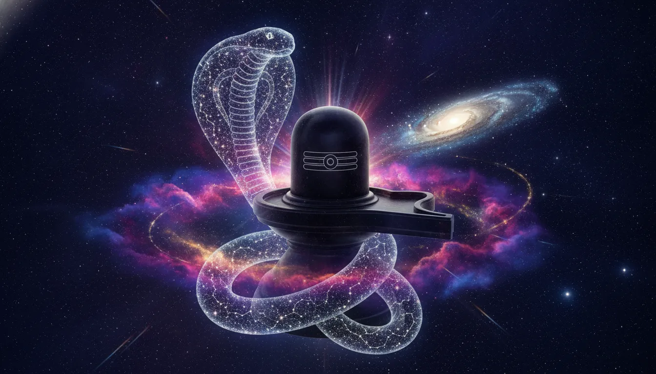 An abstract cosmic depiction of a Shiva Lingam floating in outer space surrounded by galaxies and a starry cobra.