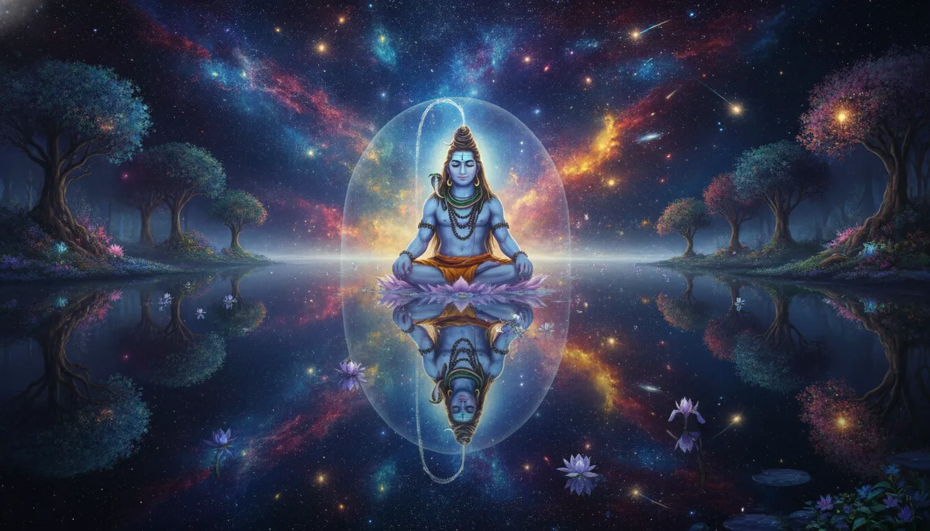 Lord Shiva meditating by a cosmic lake reflecting galaxies and stars in the background.
