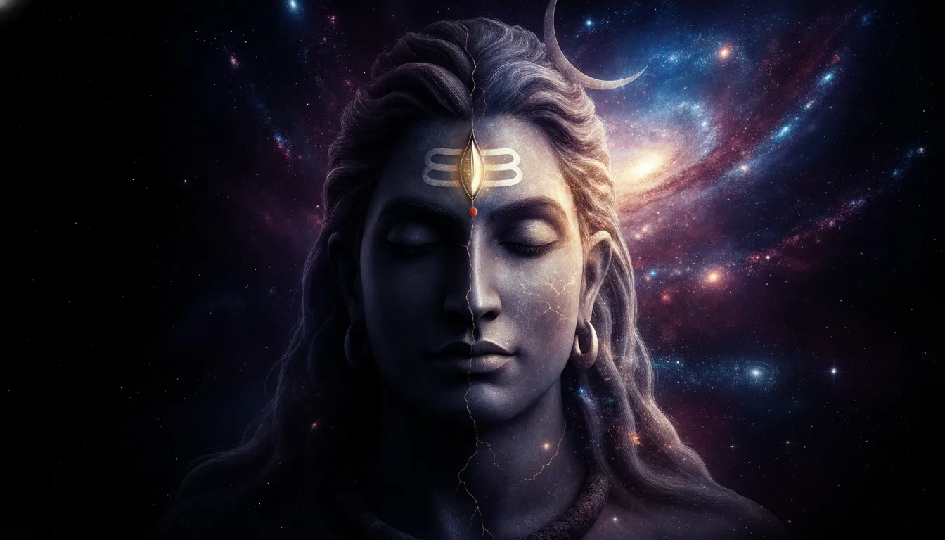 Artistic representation of Shiva face with cosmic nebula stars on the illuminated side against a dark void.