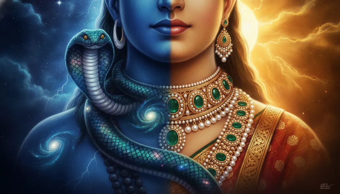 Neck detail of split Shiva with a blue cosmic serpent and Parvati with a heavy golden necklace