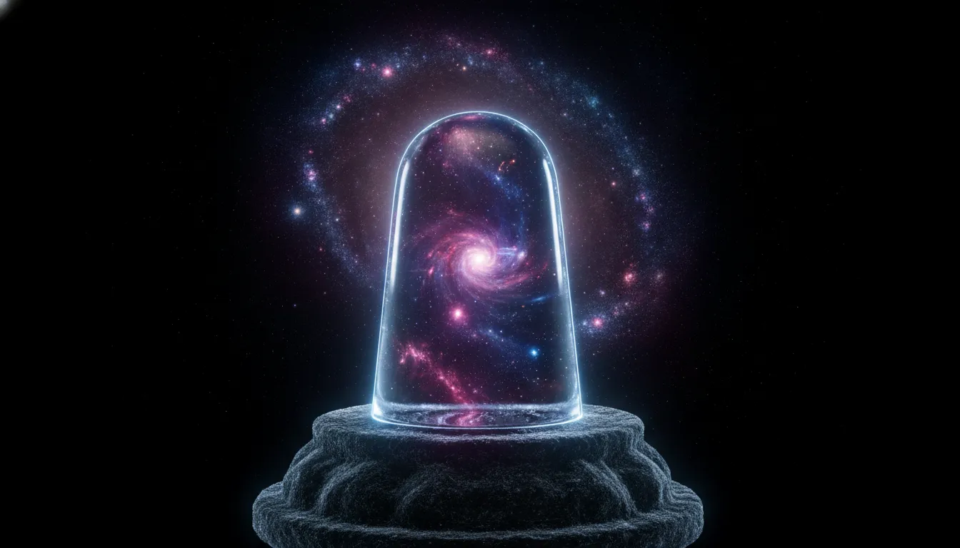 A spiritual ice shivling reflecting a deep starry night sky with cosmic nebulae and stars.