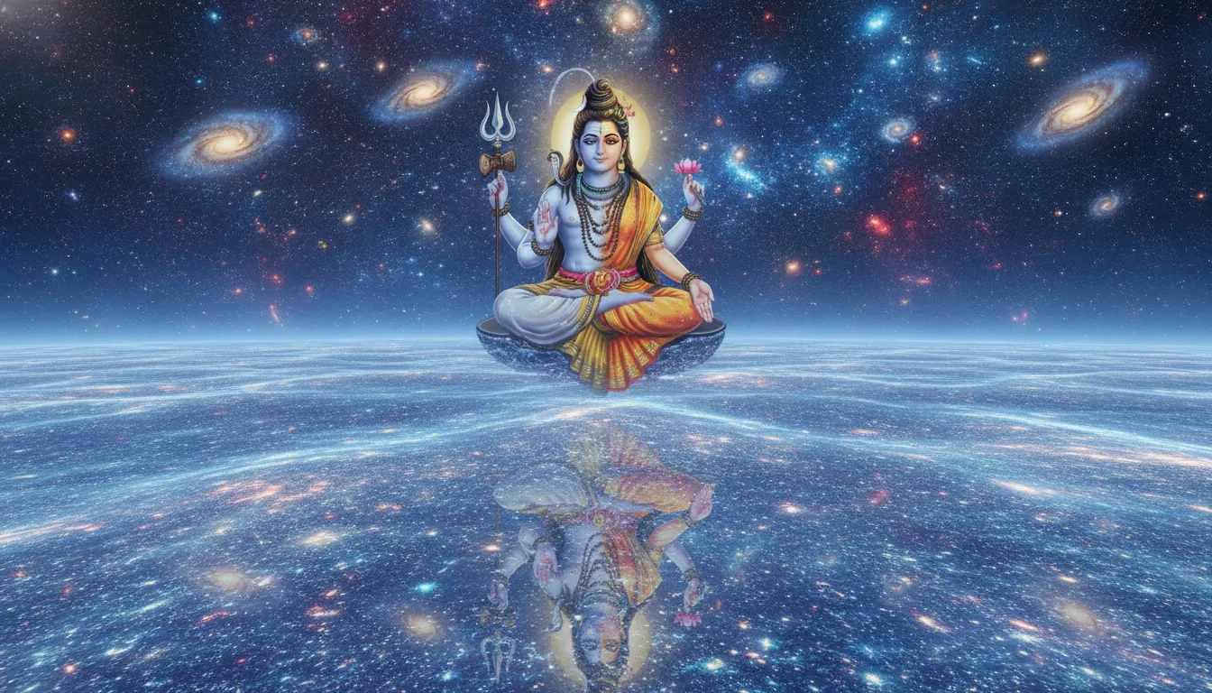 Meditative Ardhanarishvara sitting above a sea of cosmic stardust