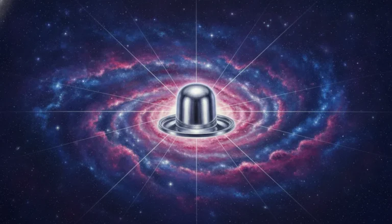Conceptual digital artwork of a glowing parad shivling at the center of a swirling blue and purple galaxy nebula