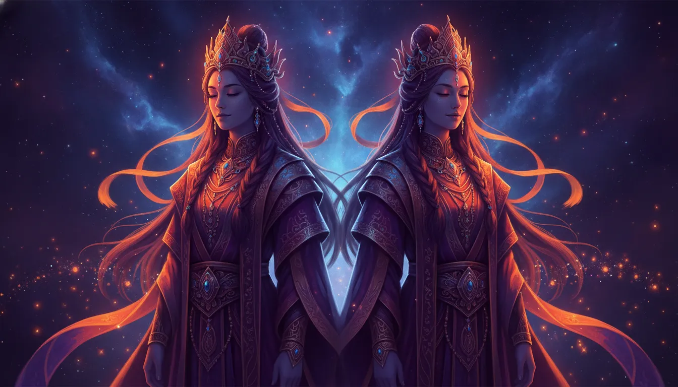 Divine couple standing together under a cosmic sky filled with glowing orange and violet neon stars.