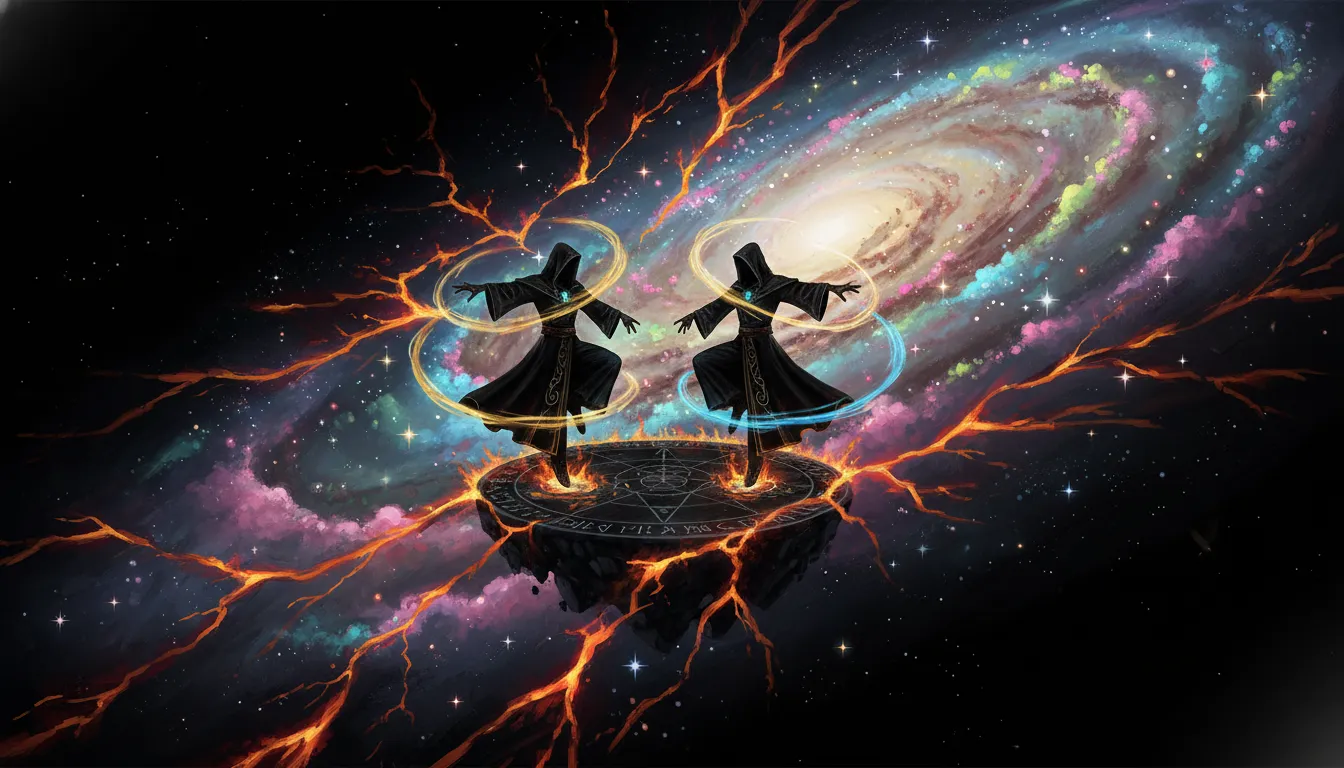 Mythical figures performing a ritual dance to bring fiery light into a dark cosmic void.