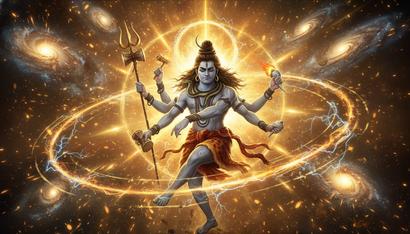 Lord Rudra performing the furious Tandava dance surrounded by exploding golden stars and sparks.