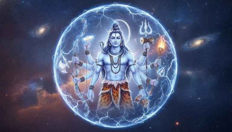 Multi-armed Lord Shiva surrounded by a protective shield made of pure electrical energy and stardust.