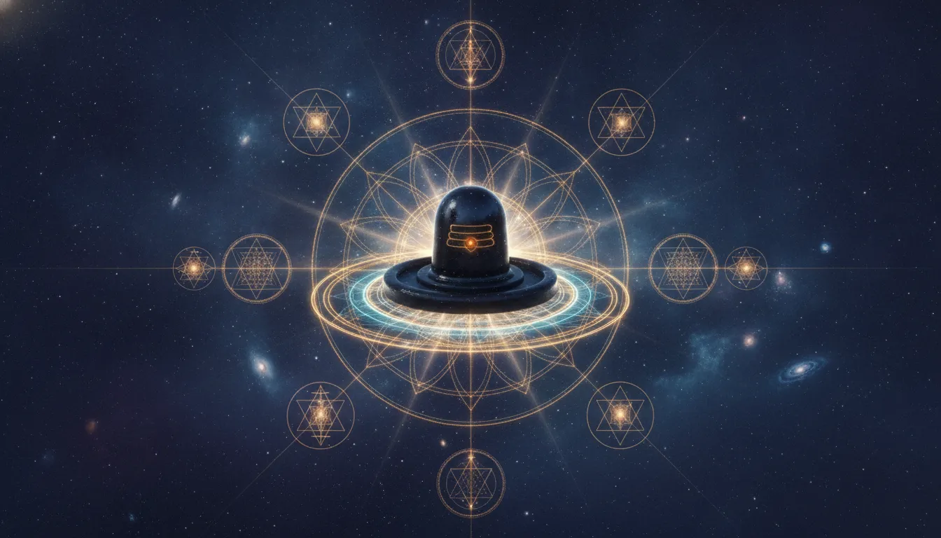 A beautiful unique shivling image surrounded by glowing sacred geometry patterns and cosmic nebula stars.