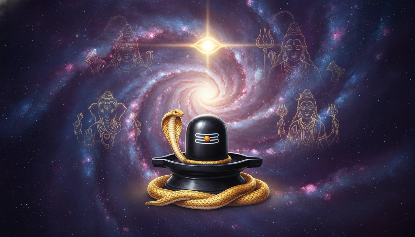 Modern digital art of Shiv Parivar images with shivling amidst cosmic nebulae and galaxy colors