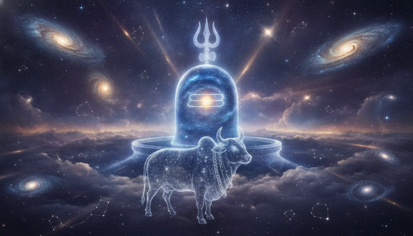 Cosmic energy Lord Shivling with Nandi HD image with galaxies and stars.