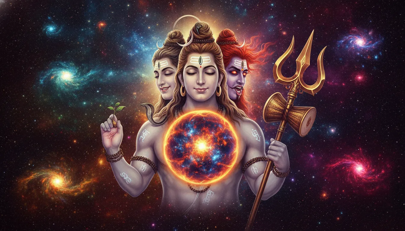 Three-faced Lord Shiva holding a cosmic flame and a golden Trishul weapon in deep space.