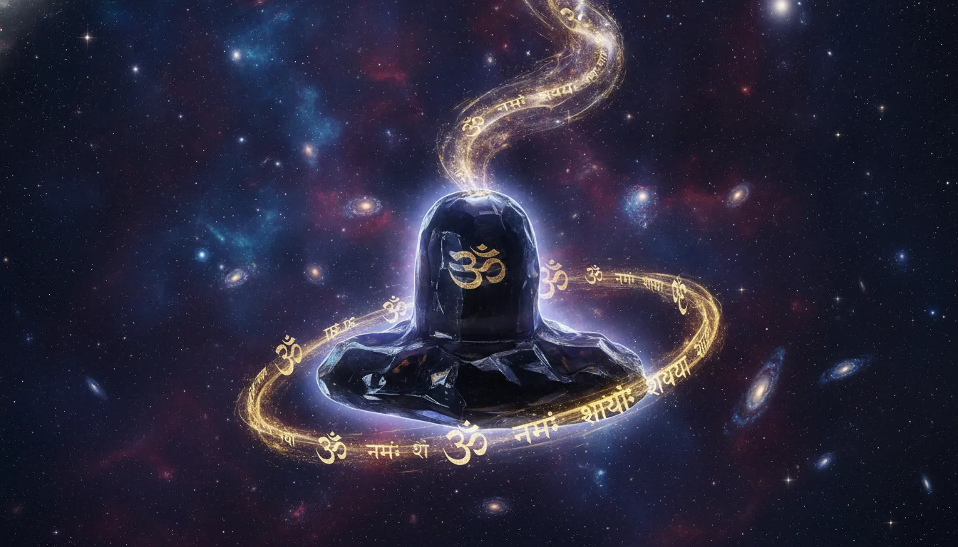 Abstract digital art representing the best images of shivling surrounded by glowing Sanskrit Om Namah Shivaya mantras.
