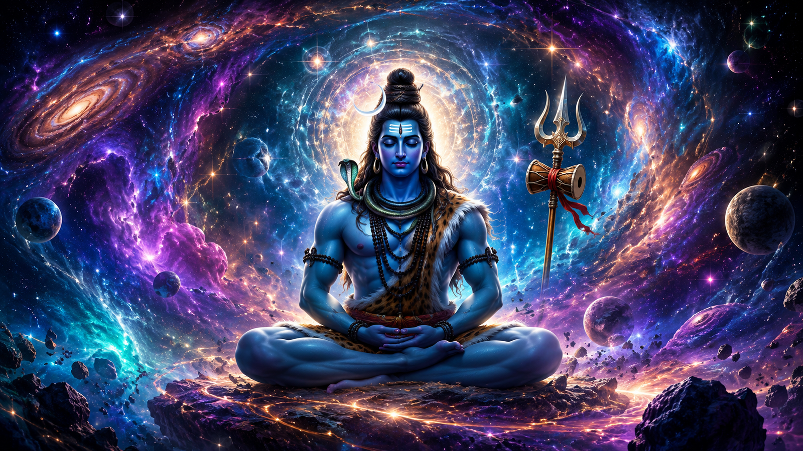 Lord Shiva meditating in the center of the universe surrounded by swirling galaxies and celestial stars.