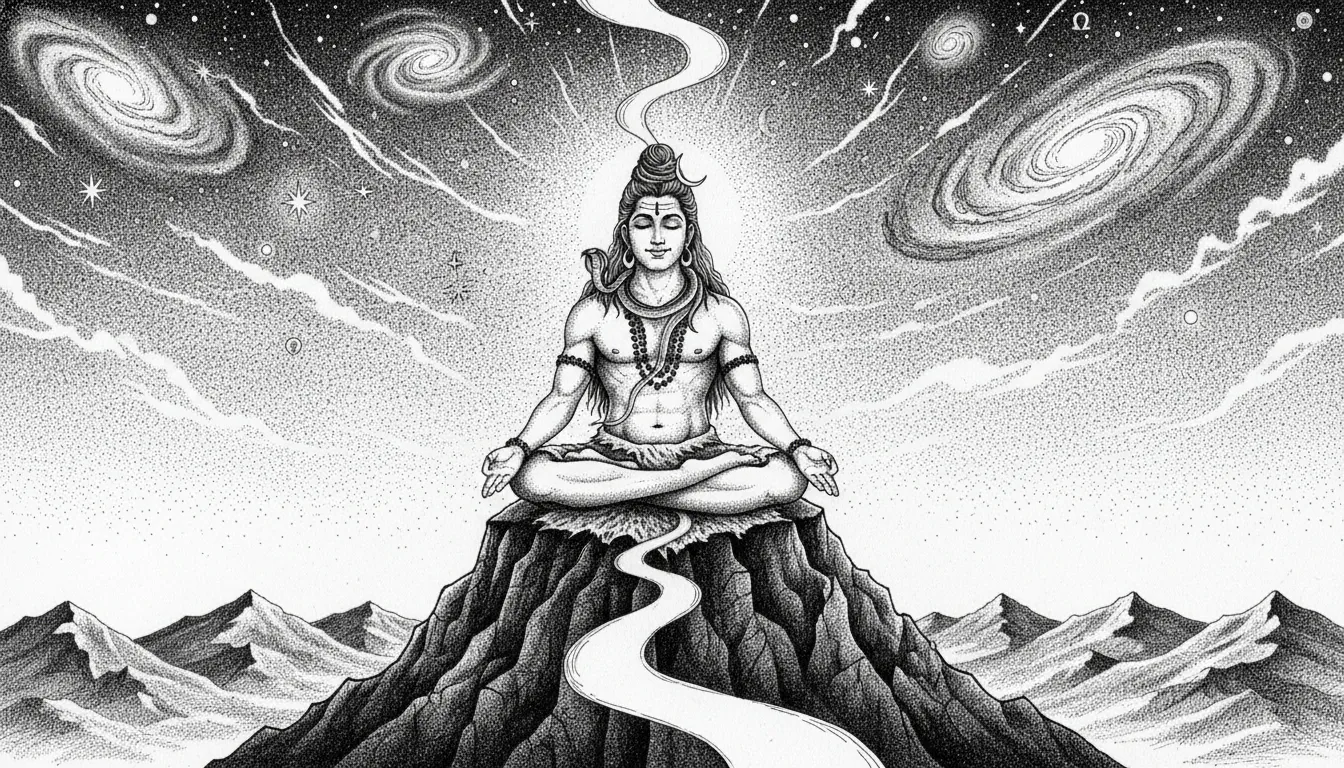 A cosmic black and white sketch of Lord Shiva meditating with galaxies and constellations in the background.