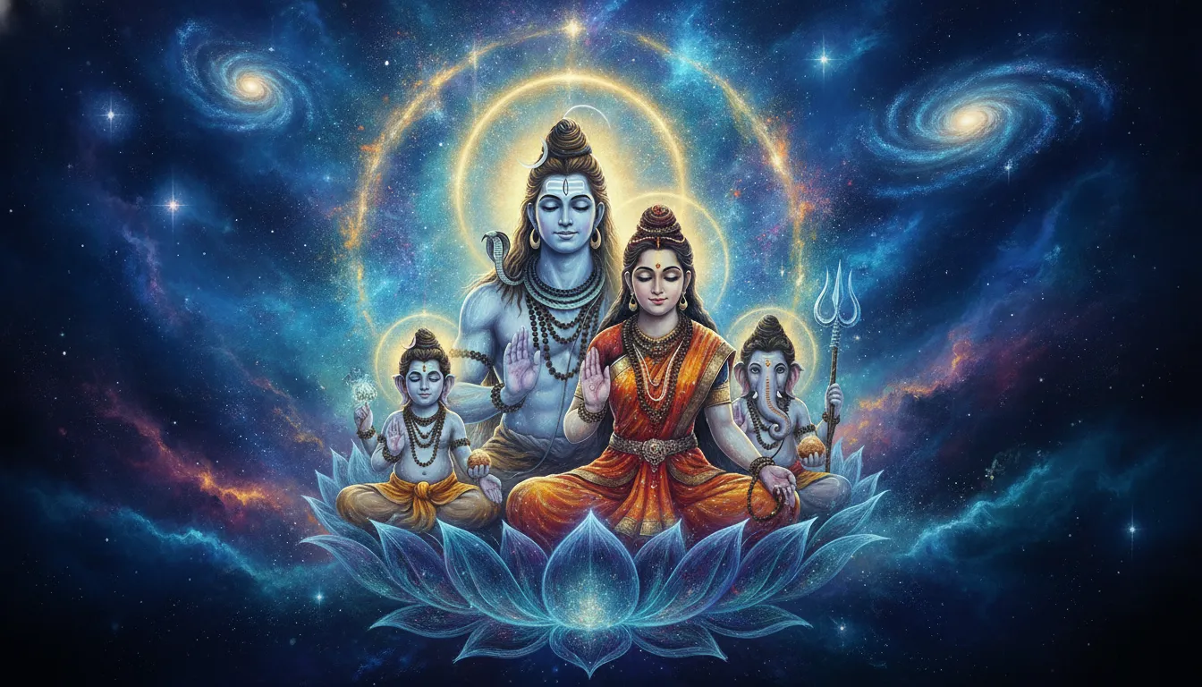 Spiritual art of Shiva family surrounded by a cosmic energy aura with stars and galaxies in the background.