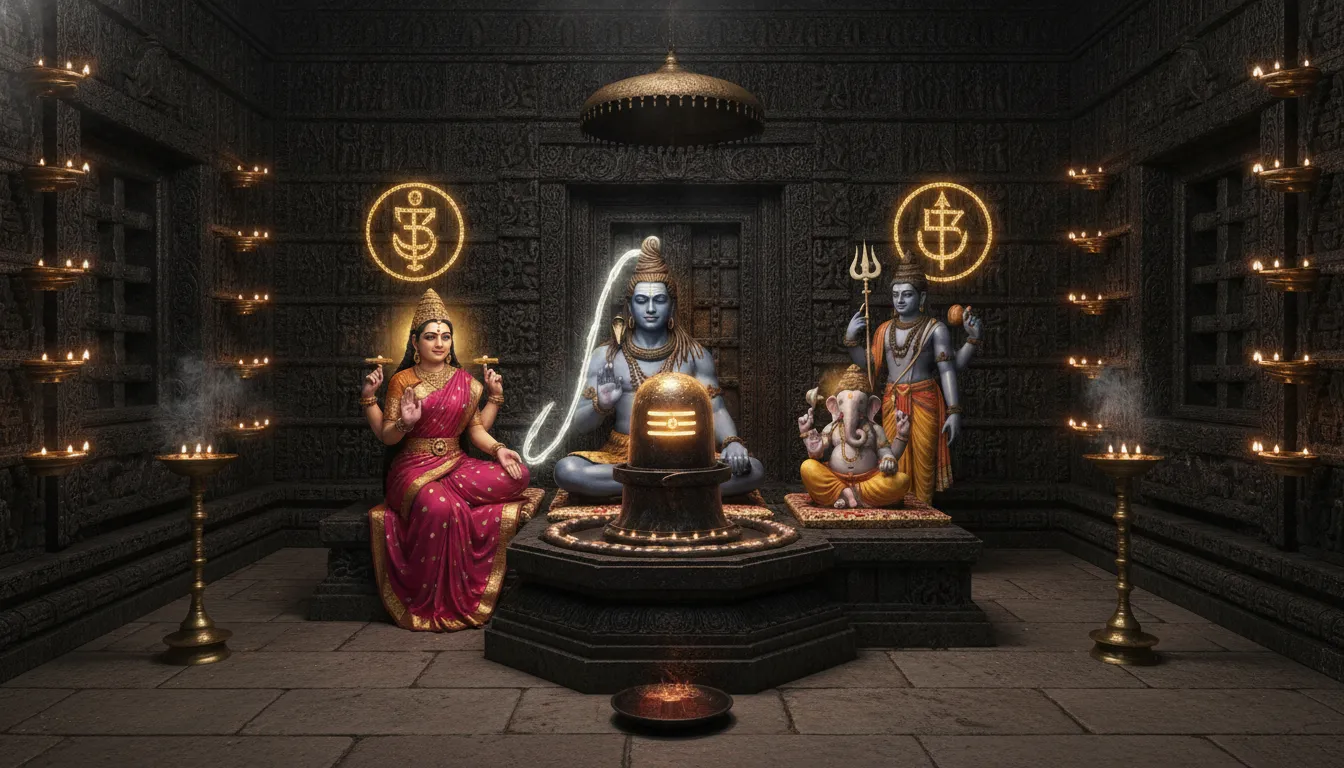 The inner sanctum of a Himalayan temple showing the Shiva Parvati family radiating divine cosmic light.