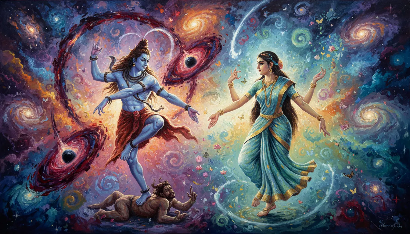 Abstract painting of Shiva doing Tandava and Parvati doing Lasya dance together