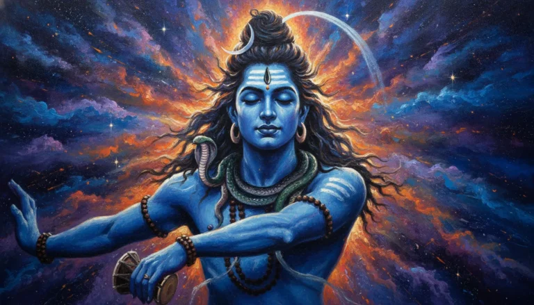 An abstract portrait painting of Lord Shiva performing the cosmic Tandava dance against a starry galaxy background.