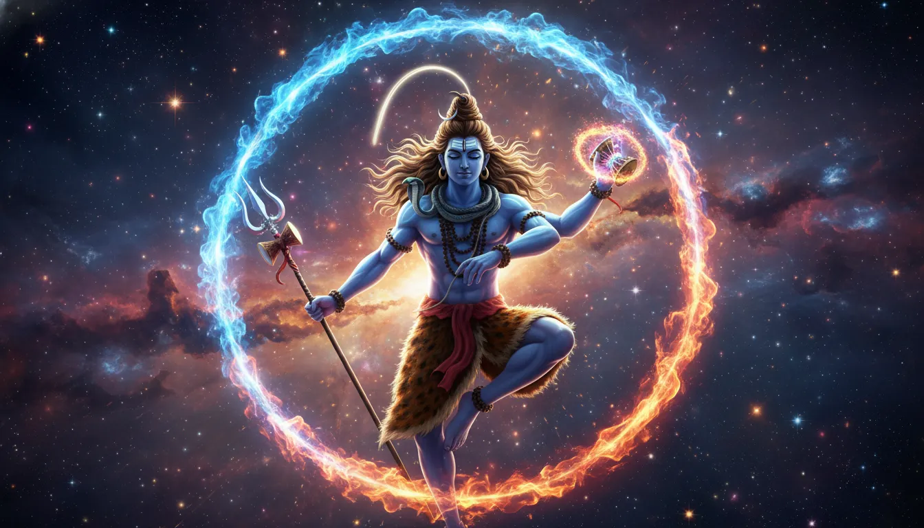 Mahadev hd wallpaper 3d displaying Lord Shiva performing the dynamic cosmic Tandava dance amidst stars and burning galaxies.