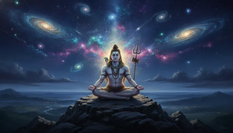 Digital painting of Lord Shiva sitting in meditation on a mountain peak under a vibrant galaxy and starry night sky.