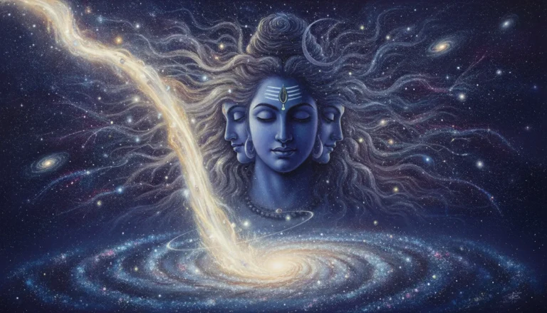 River Ganga flowing as a cosmic stream of starlight through three-faced Shiva's hair.