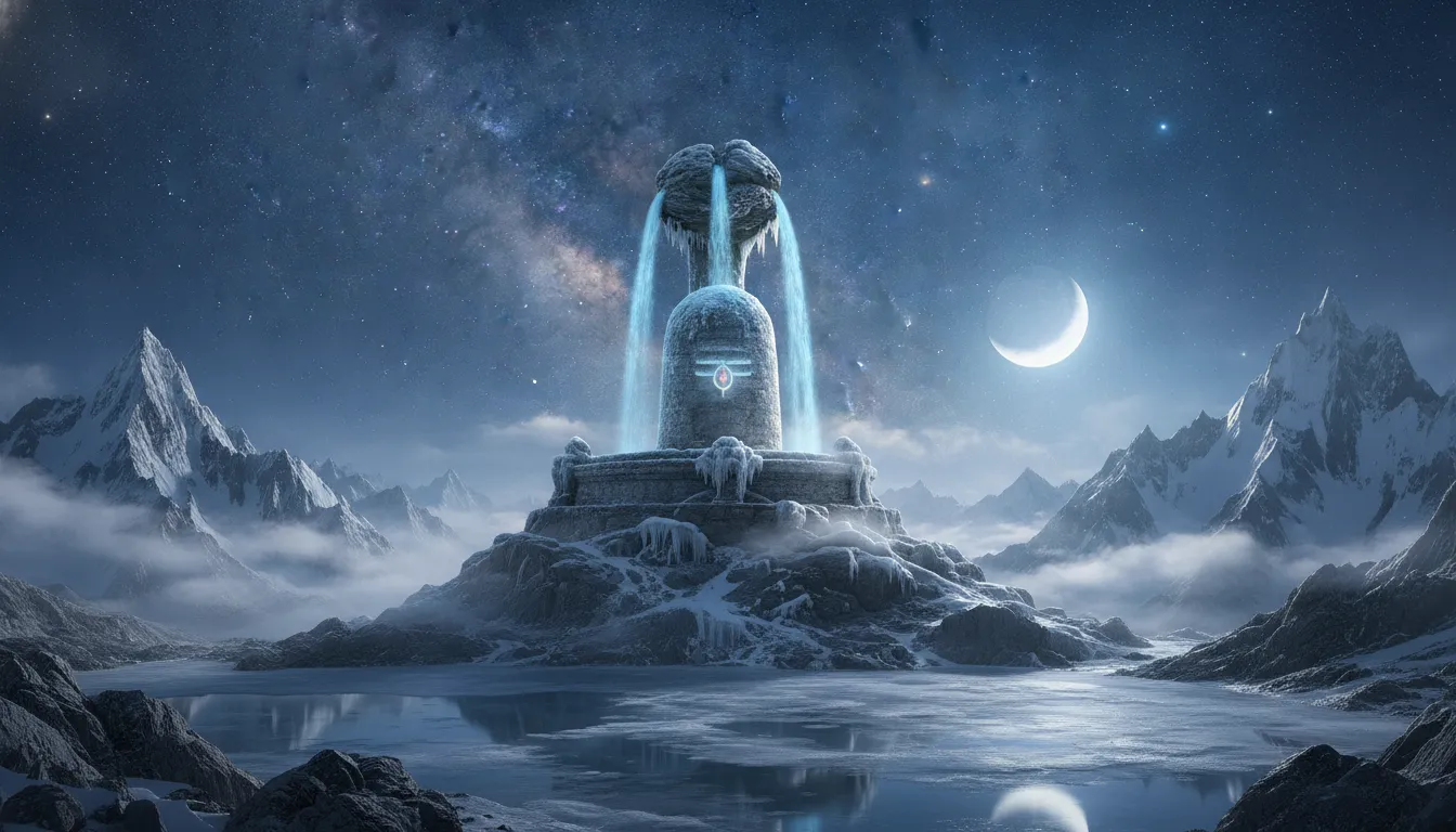 Giant stone Shivling surrounded by snow capped Himalayan mountains under a starry sky