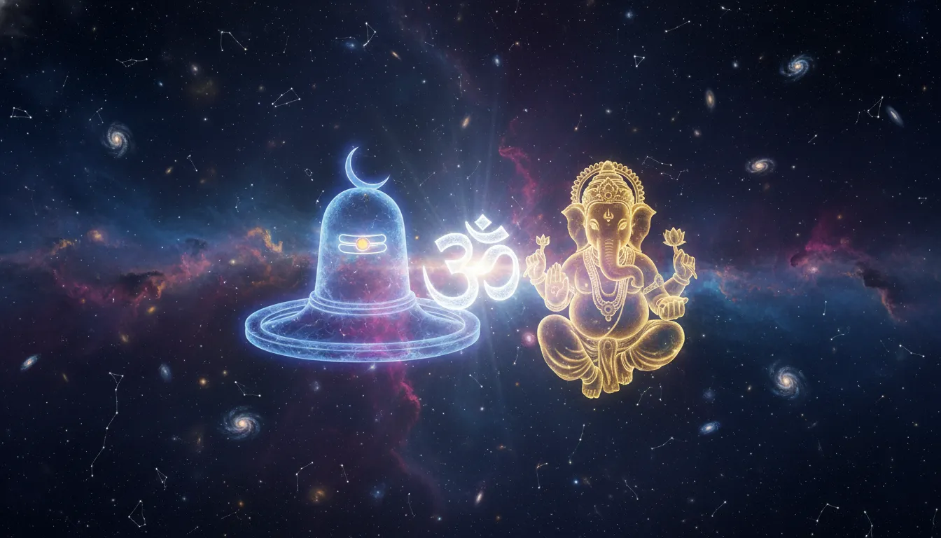 Cosmic full hd images of shivling with ganesha surrounded by galaxies, stars, and celestial nebulae.