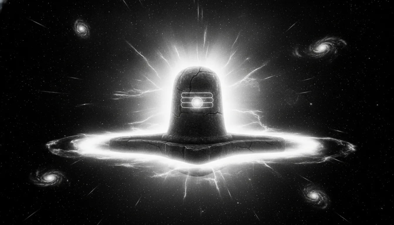 Cosmic shivling image black and white surrounded by a radiant spiritual aura.