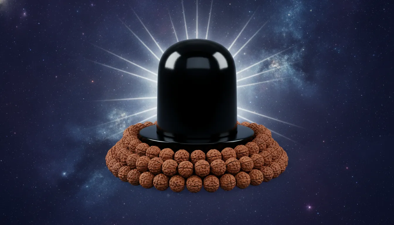 Spiritual Shivling wrapped in Rudraksha beads against a mystical deep blue and purple cosmic background