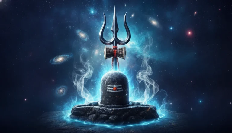 Shivling surrounded by the cosmic energy of Lord Shiva's Trishul and divine smoke.
