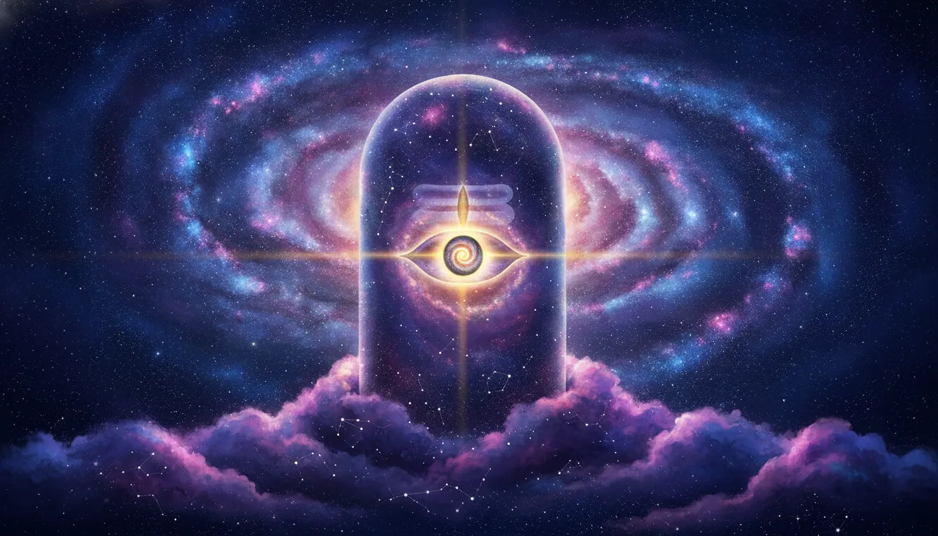 An abstract cosmic illustration of a glowing Shivling emerging from a vibrant galaxy with a single majestic eye at the center.