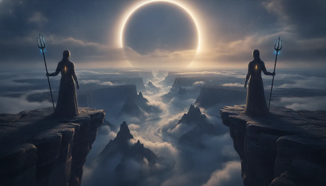 Two majestic silhouettes holding tridents on a cliff overlooking a foggy canyon under a glowing eclipse.