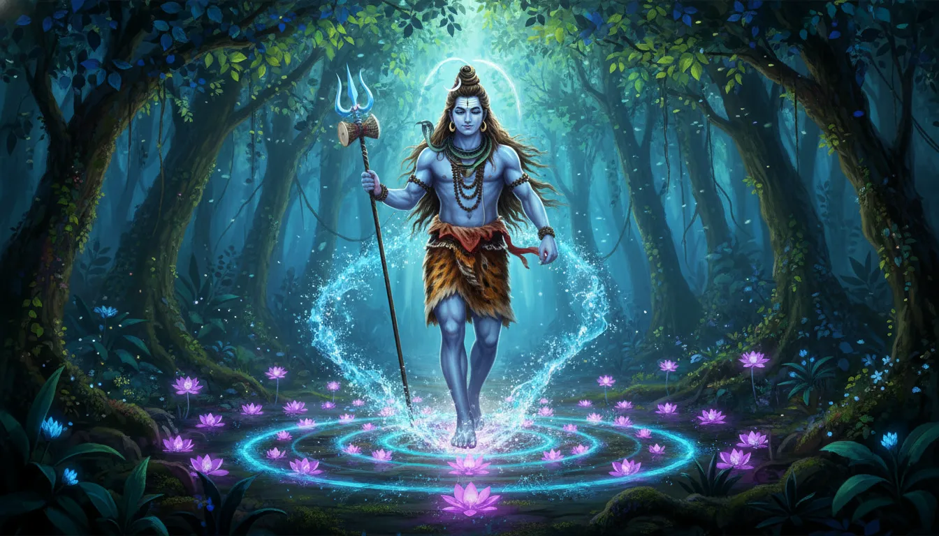 Lord Shiva walking forward on a glowing pathway inside a vibrant neon jungle with the crescent moon shining above.